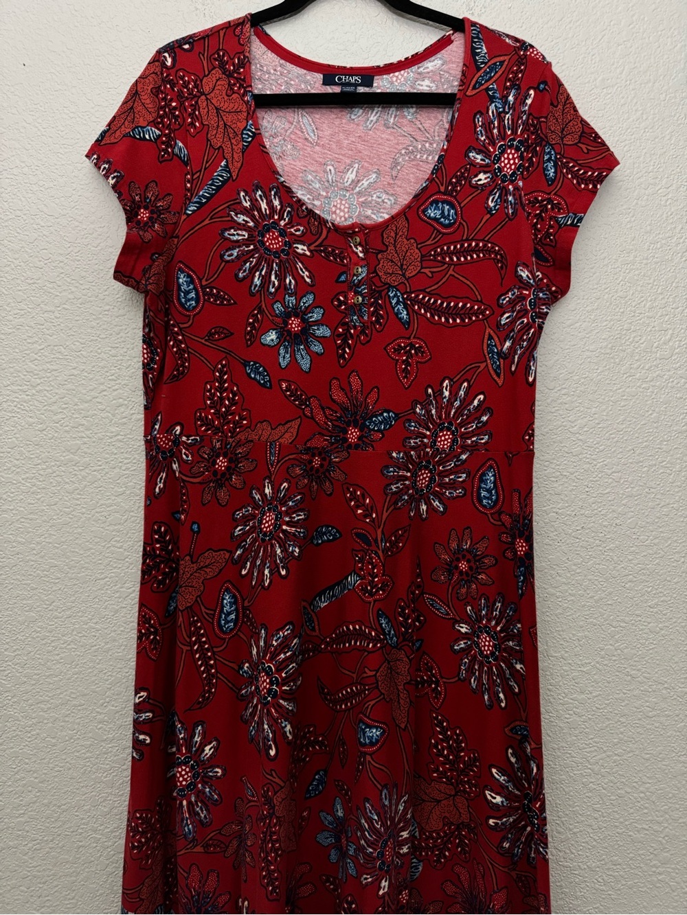 Chaps Red Floral Print Maxi Dress Short Sleeve Cotton XL Boho Western Americana - Picture 3 of 13